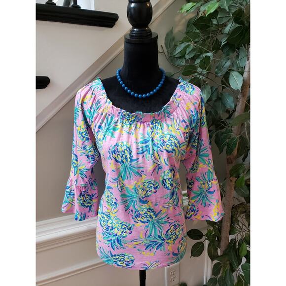 Stella Parker Blouse Top Womens L Pink Floral Flare Sleeve Round Neck Pullover - Picture 2 of 11